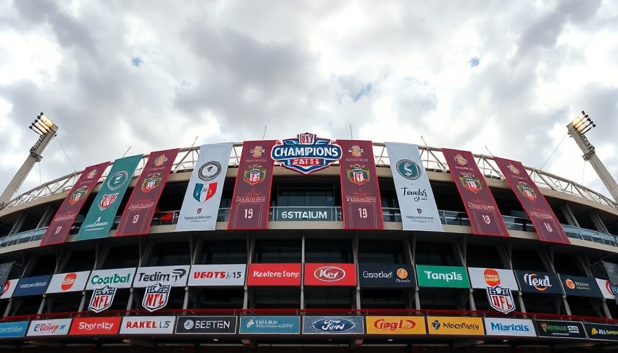 Stadium facade with championship banners and company logos, showcasing technology transformation plans.