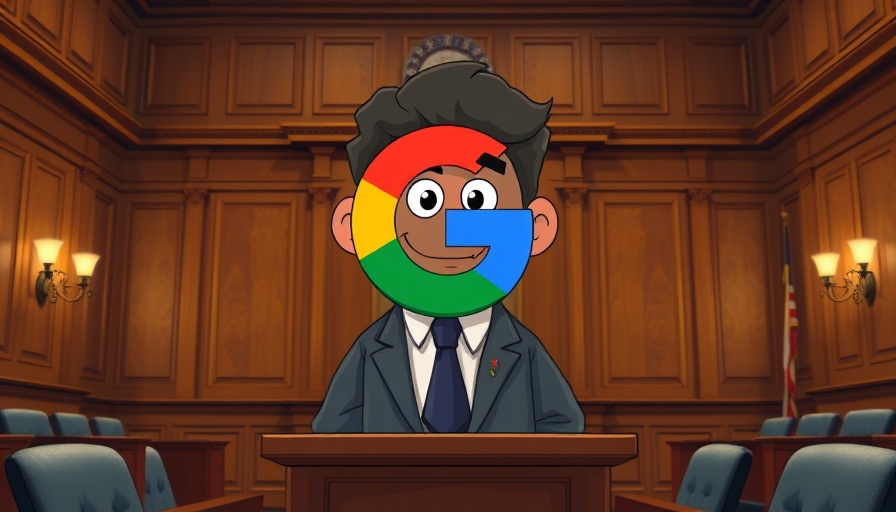 Cartoon Google logo in courtroom setting, adtech separation theme.