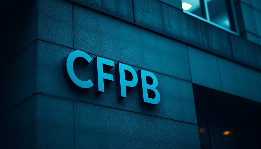 CFPB building sign with textured concrete and cool tones.