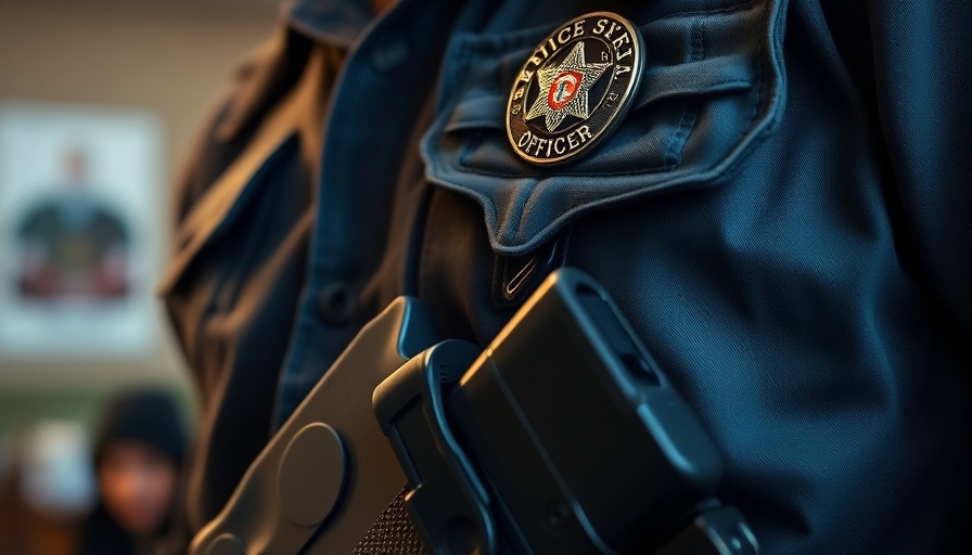 ICE officer badge and holstered gun in focus, depicting law enforcement gear.