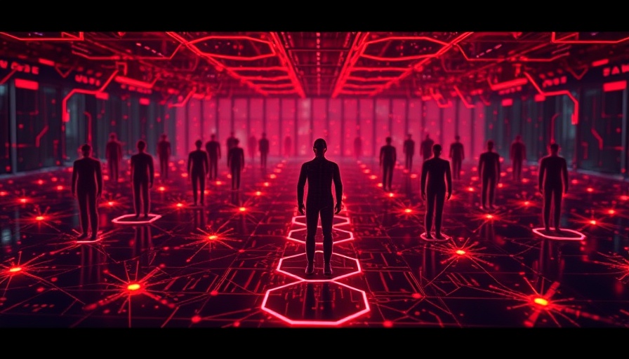 Red abstract digital network with human figures, DOGE immigrant surveillance database concept.