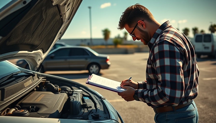 Mechanic documenting maintenance records for dealerships with clipboard.
