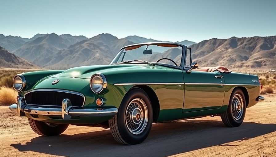 Classic convertible car on a dusty road with landscape background.