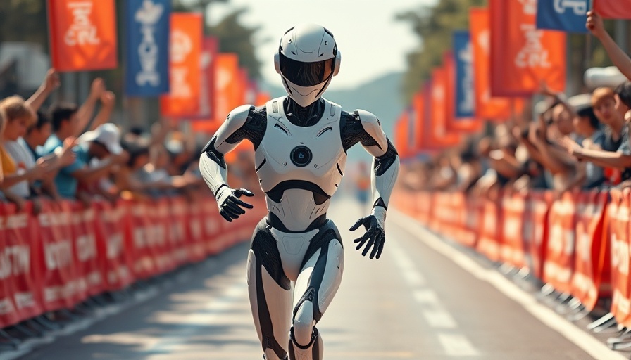 Humanoid robot running in a marathon amidst cheering crowd.