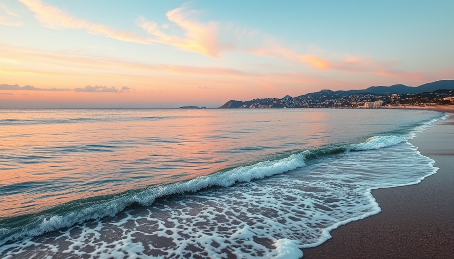 European-style coastline in the Northeast at sunset, waves and town.