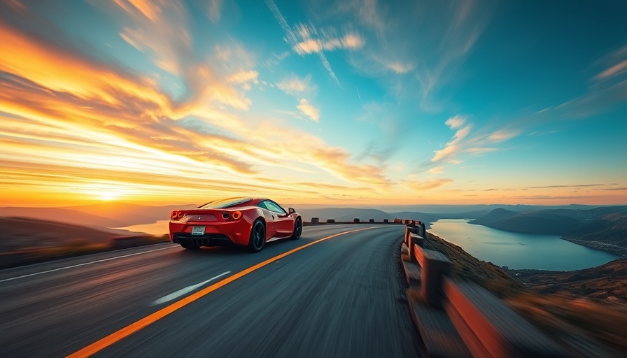 Red sports car driving on a scenic road at sunset with vibrant sky.