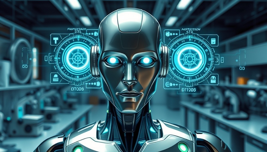 Futuristic humanoid robot with digital interfaces in a lab environment, illustrating Generative UI API.