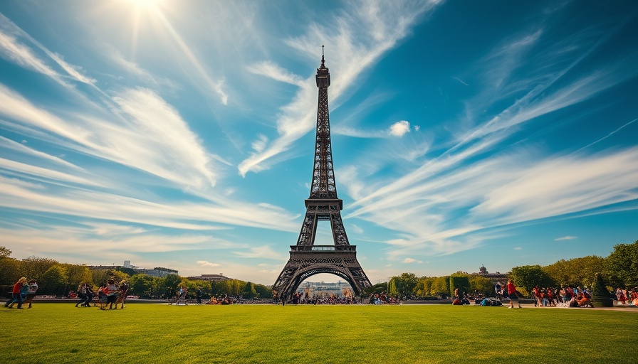 Eiffel Tower with people in park, blue sky