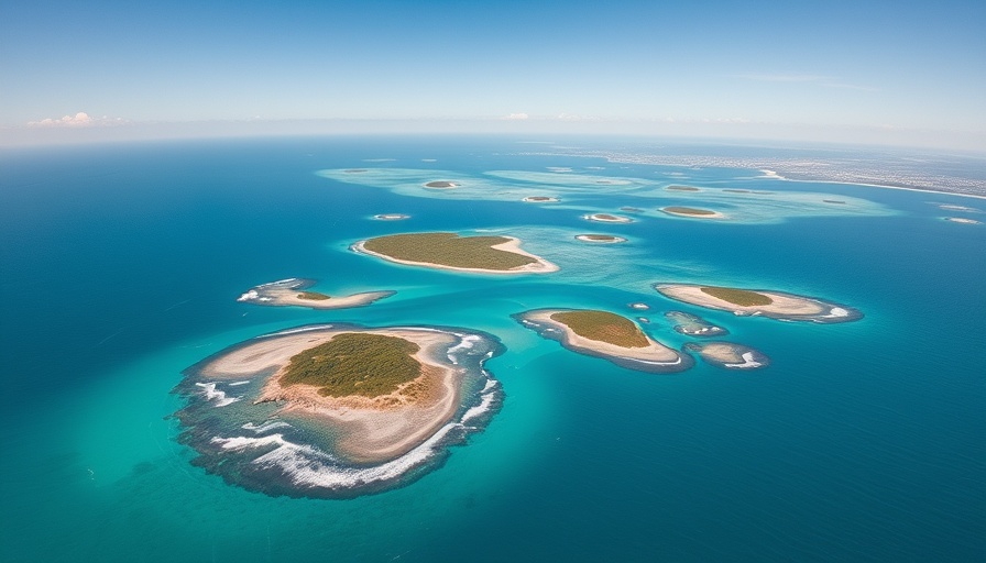 Aerial view of ocean currents building islands in the Maldives.