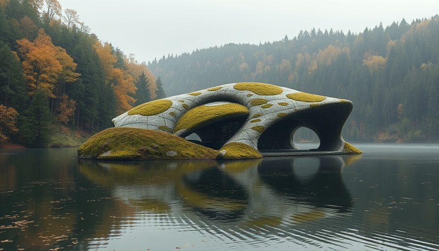 Futuristic architecture inspired by AI in a natural forest setting.