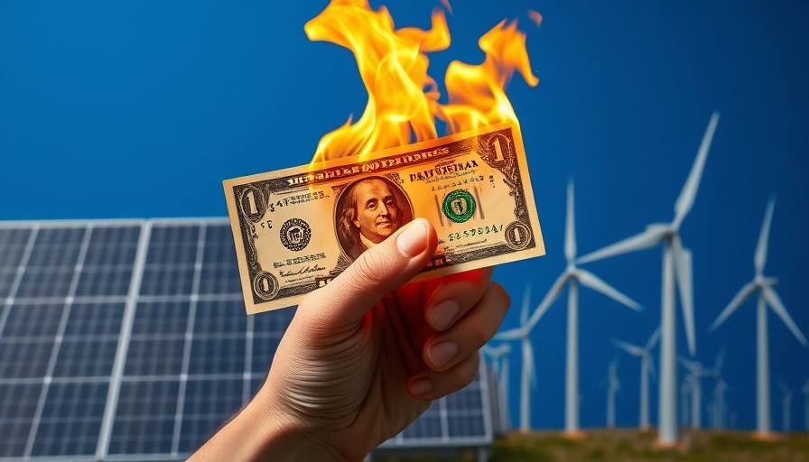 Burning dollar with wind turbines and solar panels symbolizing US climate tech project cancellations.