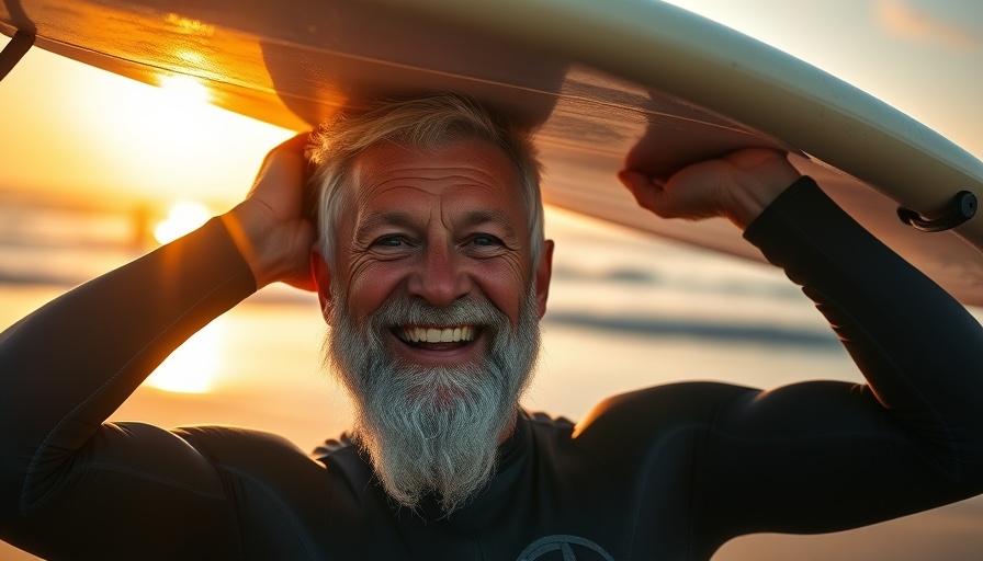 Elderly man surfing at sunrise, Diverse AI Training Data.