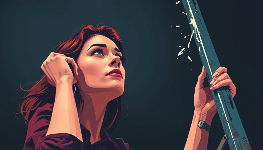 Conceptual illustration of overcoming the broken rung, with a woman gripping a ladder.