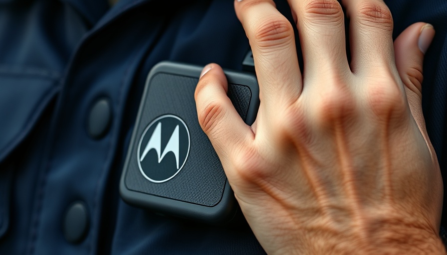 Close-up view of AI-enabled body cameras for first responders on uniform.