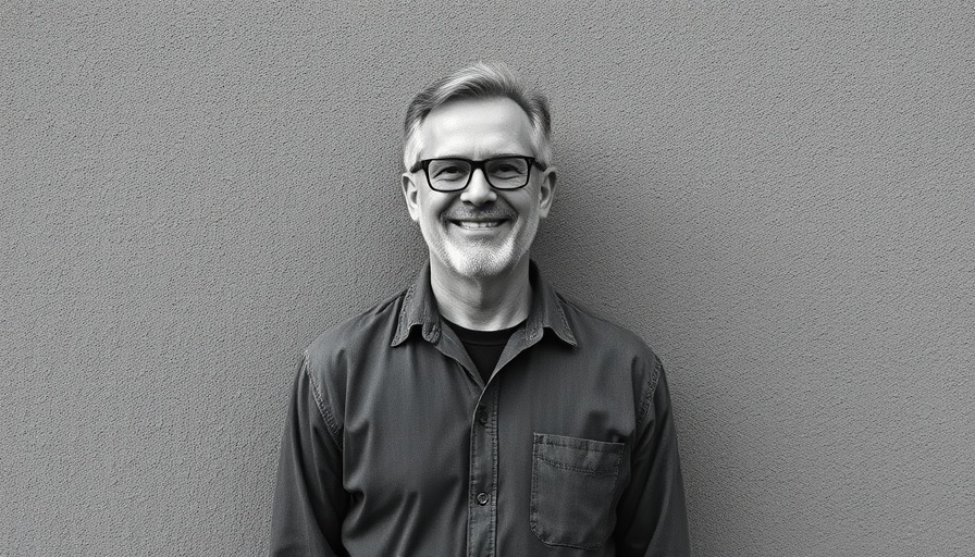 Casual man smiling confidently against a textured gray wall.