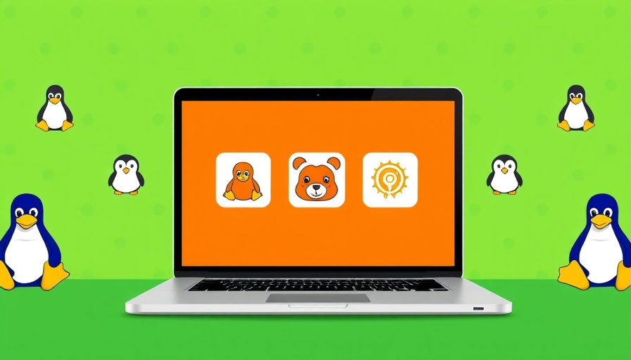 Laptop display with AI tool icons on a Linux-themed background.