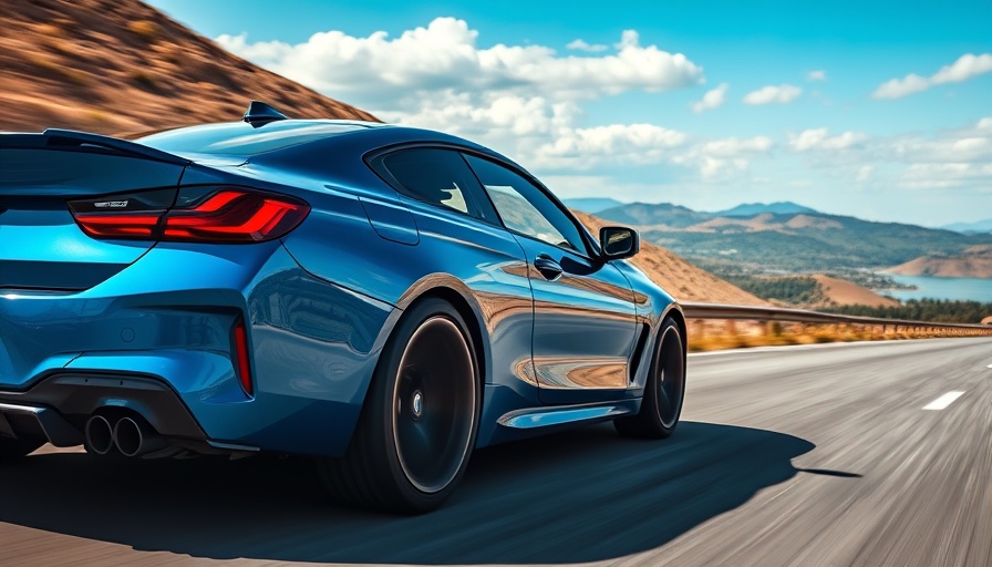 Sleek BMW car driving on scenic road, detailed landscape.