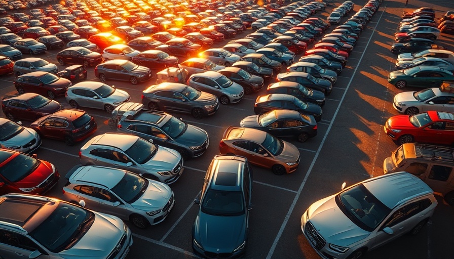 Vibrant lineup of parked cars casting shadows in warm sunlight.