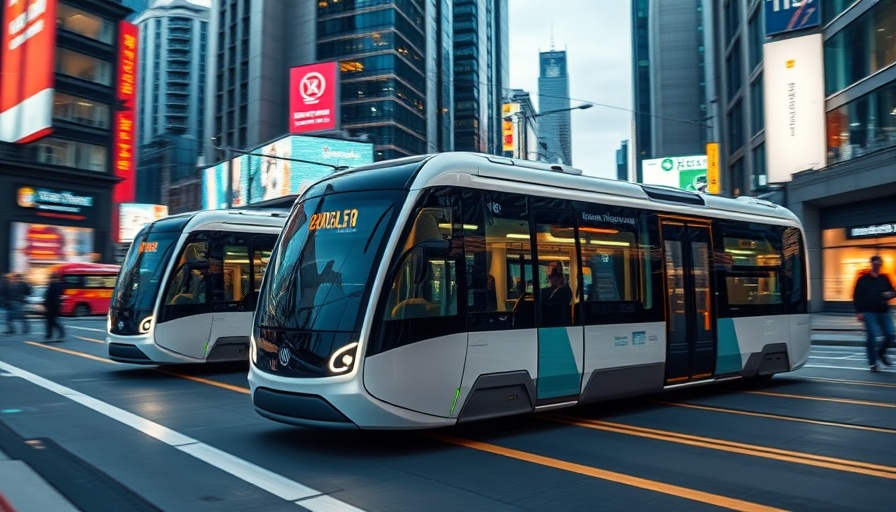 Futuristic zero-emission public transport vehicles in a modern city.