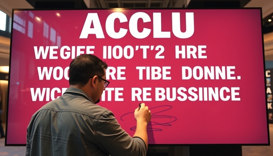 Person writing on ACLU message board in modern exhibition.