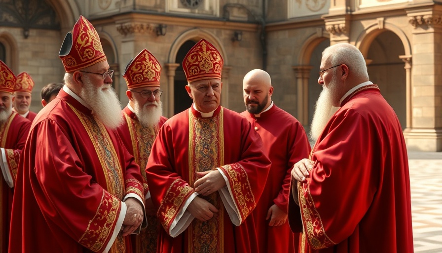 Clergy in ceremonial robes discussing in historical setting.