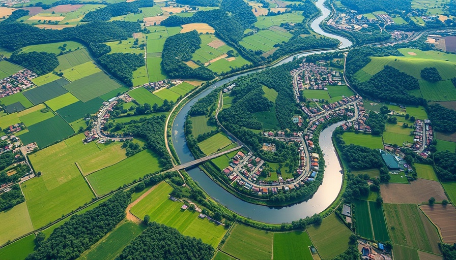 IBM TerraMind AI aerial view of landscape with river and fields.