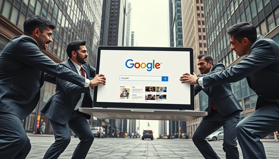 Businessmen in a tug-of-war over a Google search page, portraying monopoly issues.
