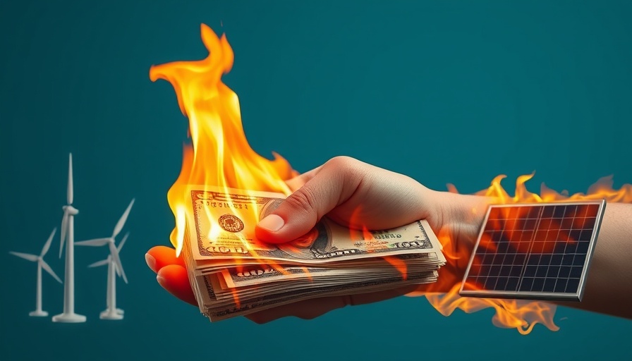 Burning money with wind turbines and solar panels illustrating canceled climate tech projects.