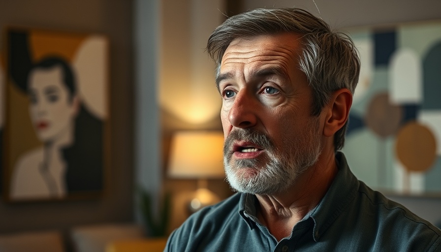 Middle-aged man speaking indoors with artwork background, automotive training online.
