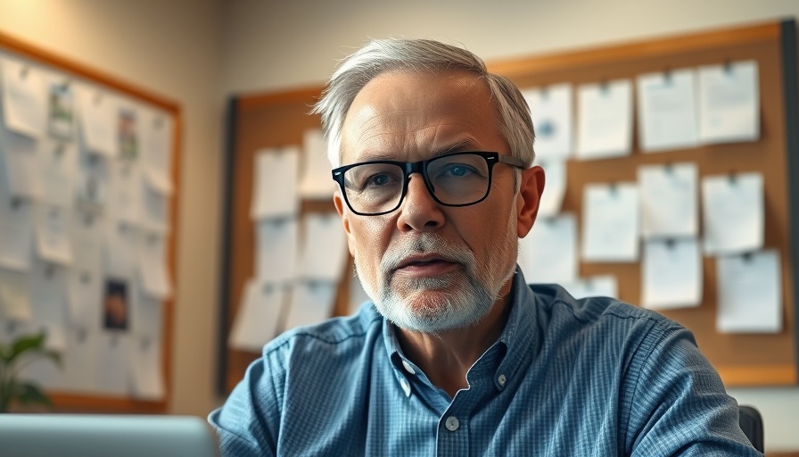 Middle-aged man speaking online in a virtual meeting with bulletin board.