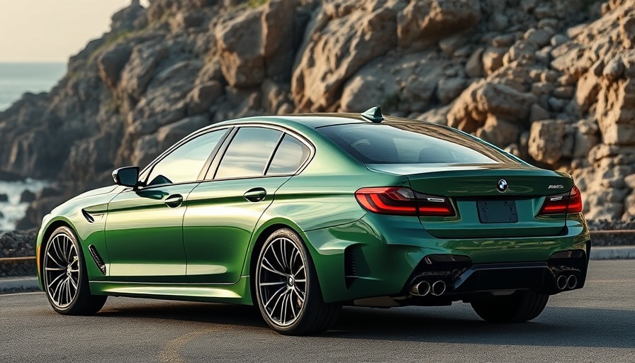2025 BMW M5 hybrid parked by rocky coast, showcasing design.