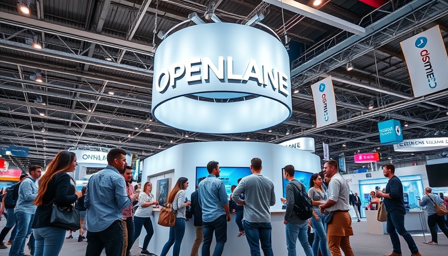 OPENLANE booth bustling at a trade show, showcasing modern design.