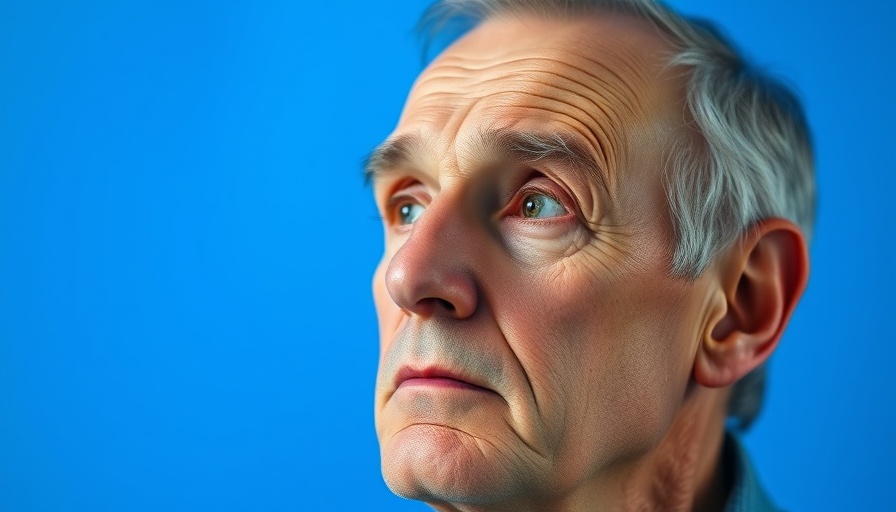 Older man, contemplative expression, against blue background. Inside-Out Learning concept.