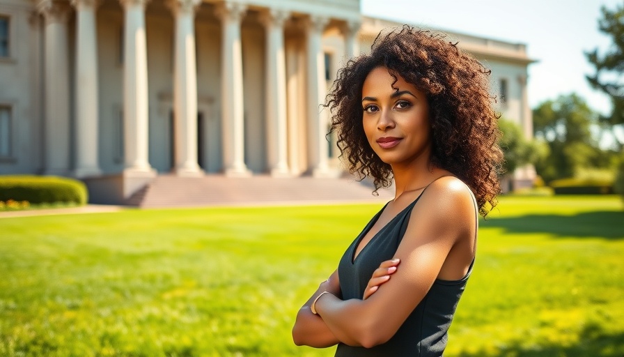 Confident woman in green top in front of a grand building, related to designer molecules for quantum computing.