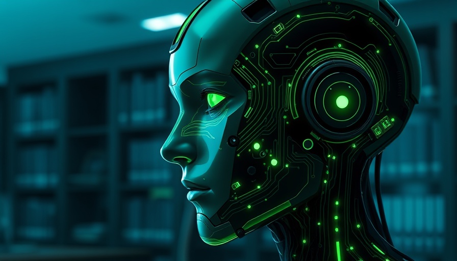 Futuristic AI head in neon green in a modern office showcasing ROI-focused AI adoption.