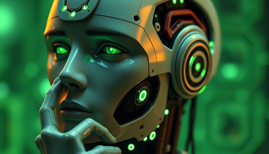 Contemplative AI robot with green luminescent circuits, symbolizing AI agent connectivity.