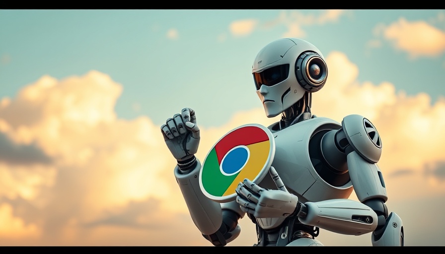 Futuristic robot holding Chrome logo, cloudy sky.
