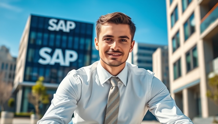 Confident businessman outside SAP building with earnings forecast outlook.