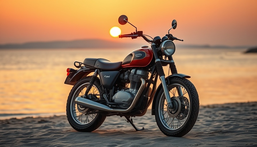 Vintage motorcycle on beach at sunset reflecting April powersports deals rise amid tariff uncertainty.