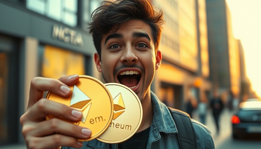 Young person excitedly holding digital coins with Ethereum symbol in urban area.