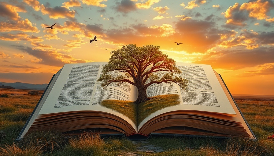 Surreal landscape with giant open book and sunset, symbolizing AI in creative writing limitations.