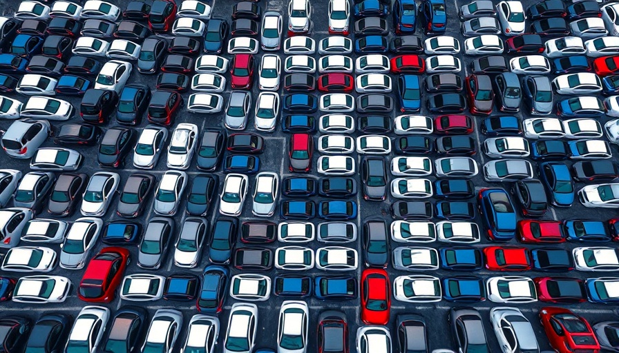 Aerial view of cars in neat rows at a dealership lot, illustrating used car financing rates.