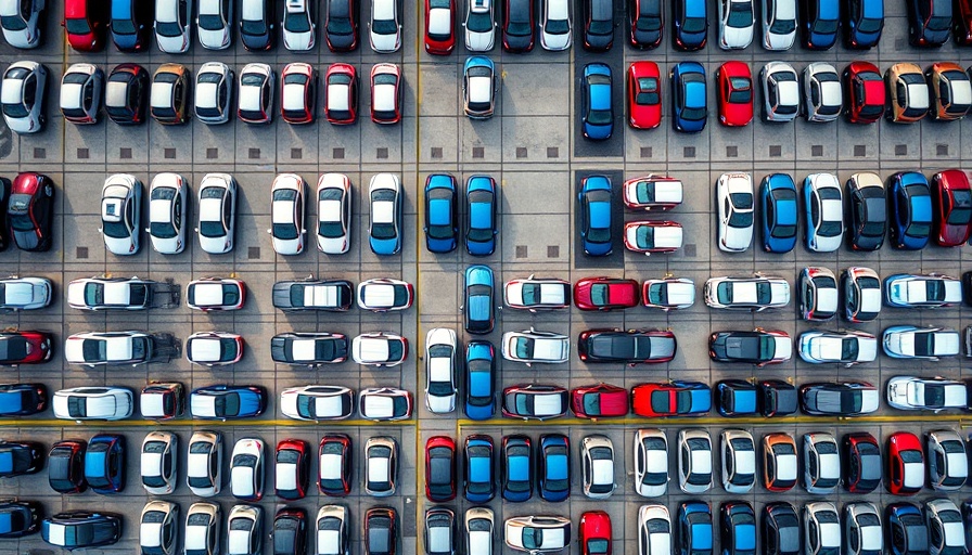 Aerial view of tightly packed dealership cars, highlighting inventory tightening.