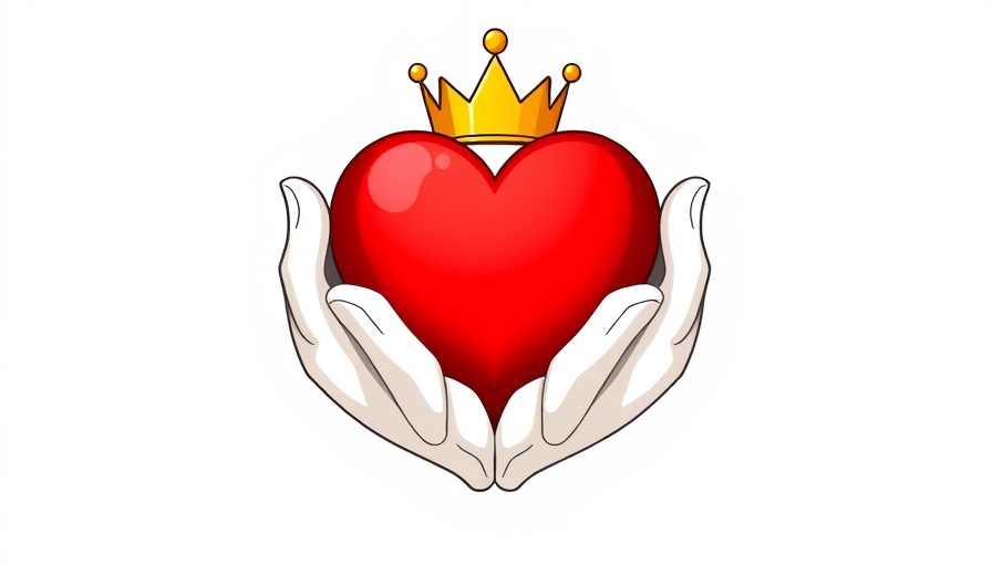 Illustration of a crowned heart held by gloves, symbolizing love.