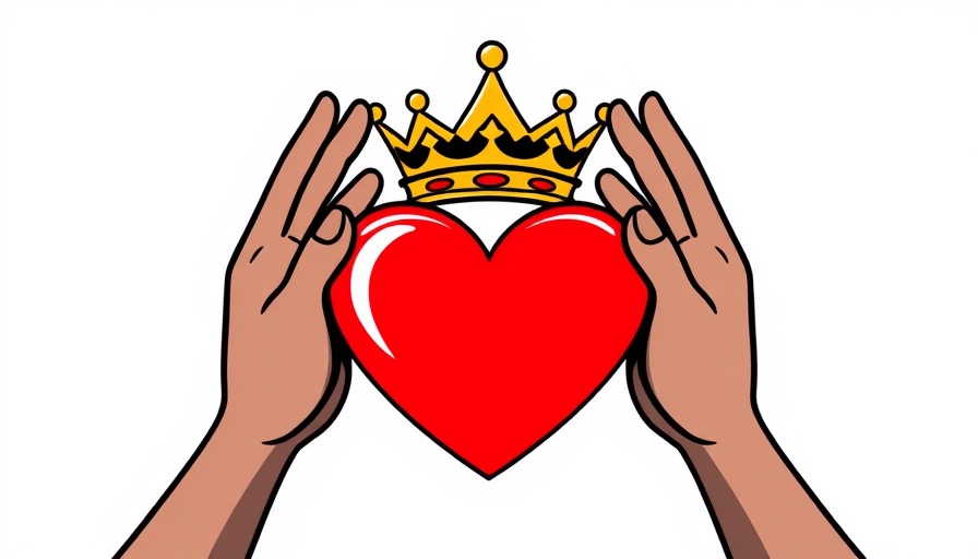 Cartoon of hands holding a red heart with a crown, plain background.