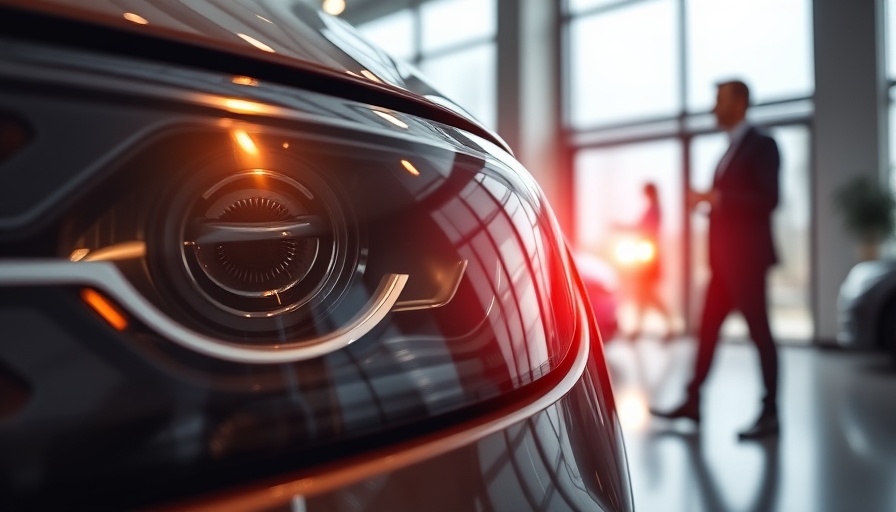 Auto Dealers Strategy 2025: Car showroom headlight focus, business chat.