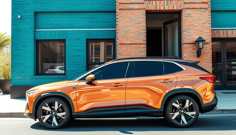 2026 Lexus ES EV - sleek copper SUV against teal building.