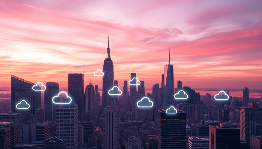 Cityscape with digital clouds symbolizing AI scam detection technology.