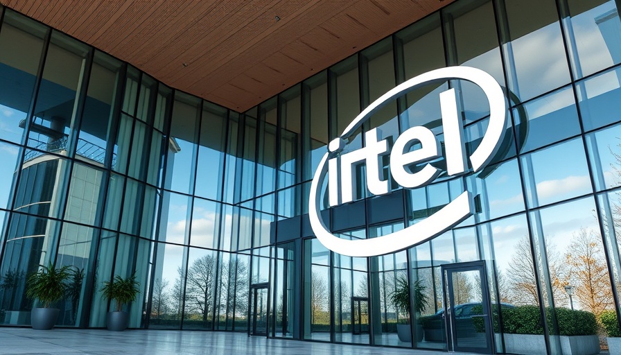 Intel headquarters with blue signage reflecting modern architecture.