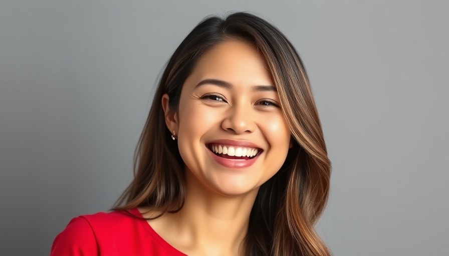 Smiling woman portrait in red top, soft lighting.